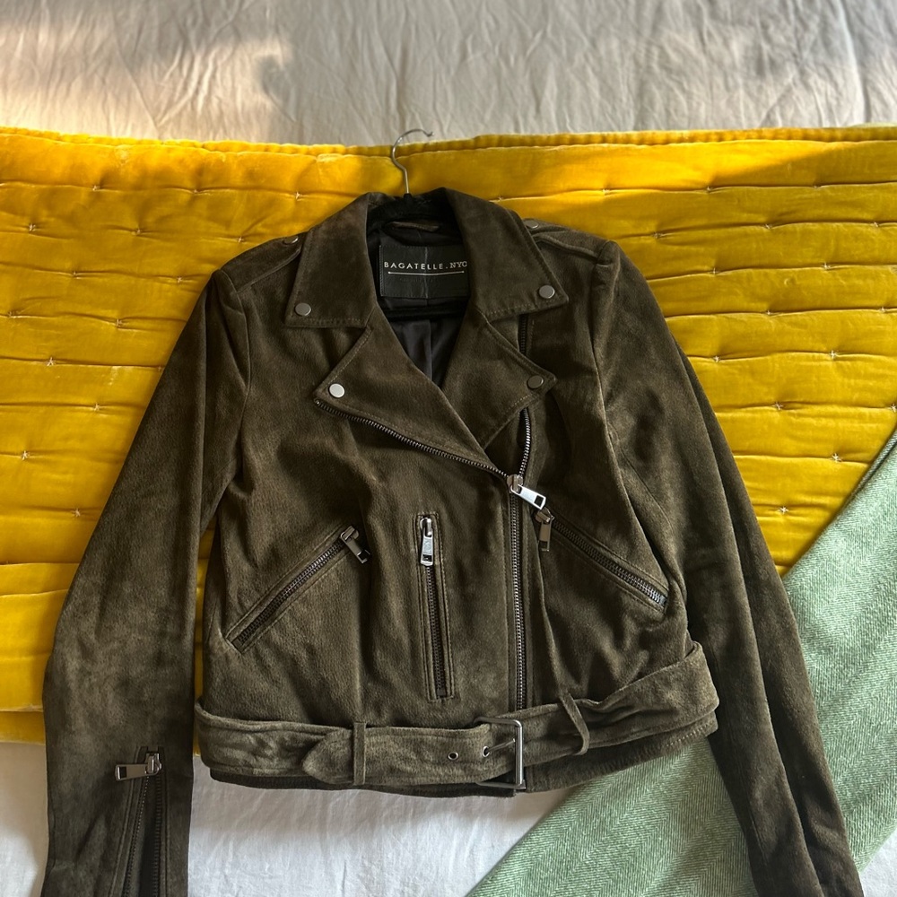 Bagatelle NYC Olive Green Suede Genuine Leather Moto Jacket